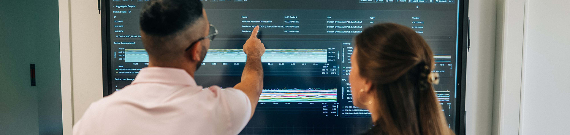 Zwei Kollegen aus der IT überwachen Dashboard